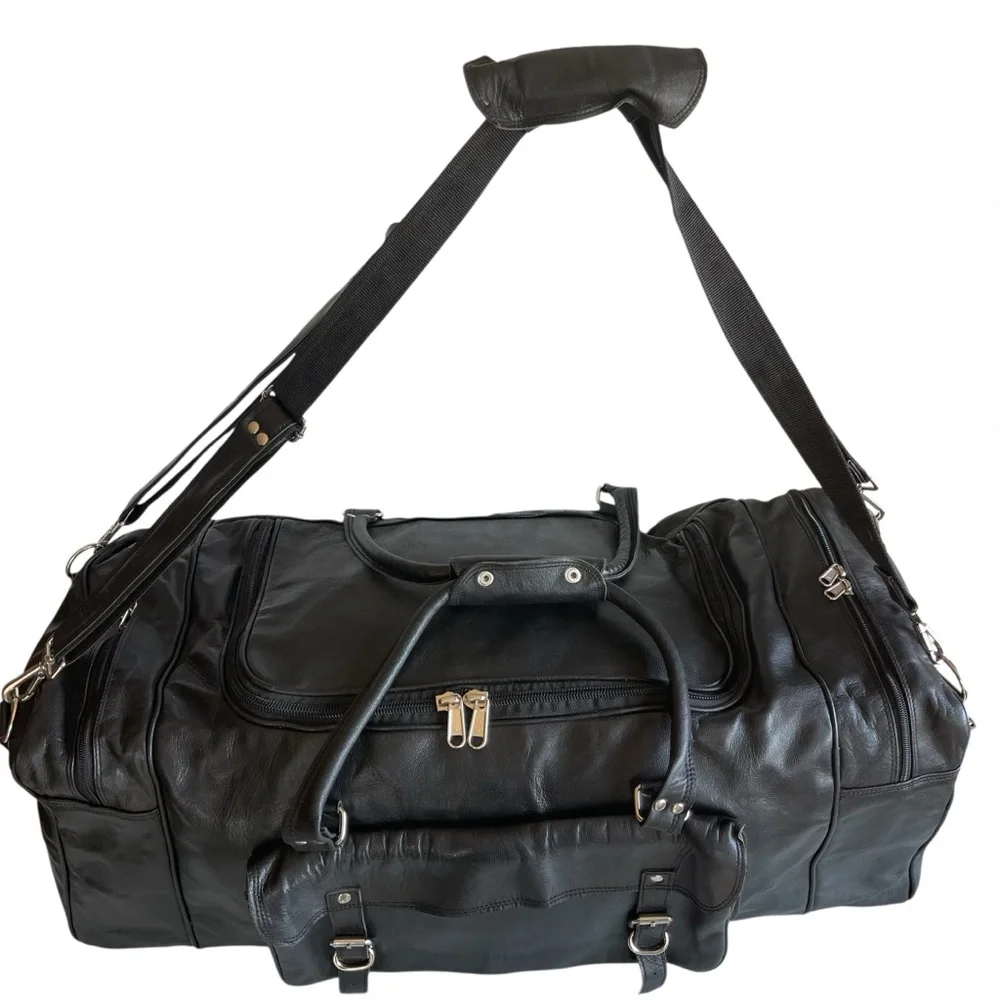 Black Leather Weekender Duffel Bag - Unbranded